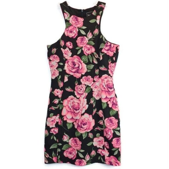 Nookie Dresses & Skirts - NOOKIE WMNS Sz 4 Neon Pink Accent Rose Floral High Neck Sheath Mini Dress, Lined